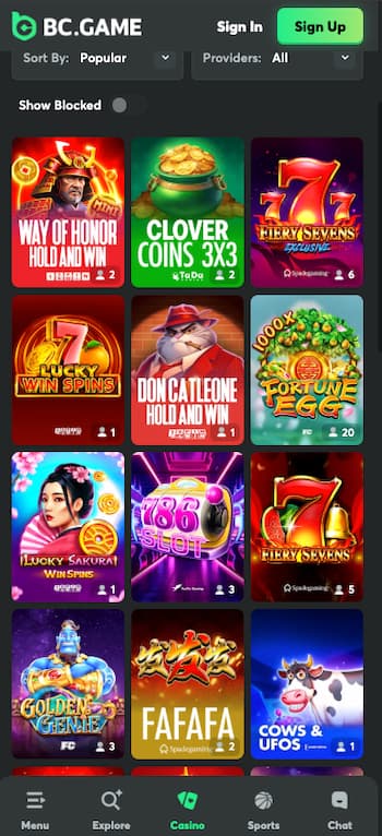 A view of the casino interface on BC Game, one of the best best real money slot apps. 